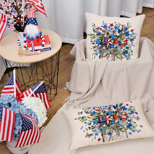 AACORS 4th of July Pillow Covers 12x20 Inch Stars Floral Vase Butterfly Decor Patriotic America USA Holiday Pillow Case Independence Memorial Day Decorations for Home Sofa Couch AA532-12