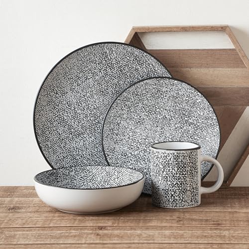 Stone Lain Sophie Rustic Stoneware Dinnerware Service for 4, Black and White Textured, 16 Pieces