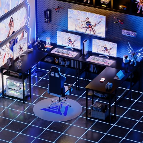 Unikito Reversible L Shaped Desk with Magic Power Outlets and USB Charging Ports, Sturdy Corner Computer Desk with Storage Shelves, Gaming Table Home Office Desk, Easy to Assemble, Black