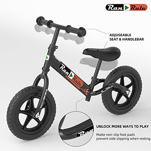 Royalbaby RanRule Kids Balance Bike Toddlers Age 2~5 Years Durable Carbon Steel Frame 12 Inch EVA Wheel, Black