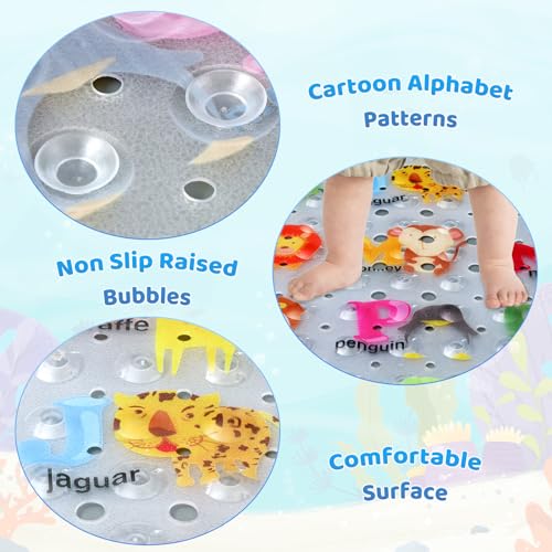 Secopad Baby Bath Mat for Tub for Kids, 40 X 16 Inch Non Slip Cartoon Bath Tub Shower Mat Anti Slip with Drain Holes and Suction Cups Machine Washable, 26 Alphabet and Animals