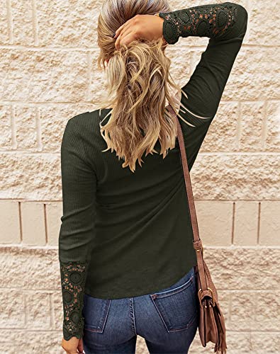 Limerose Women's Long Sleeve Lace Trim Tunic Tops Button Down Casual Blouse Cute Crew Neck Ribbed Shirt Wine