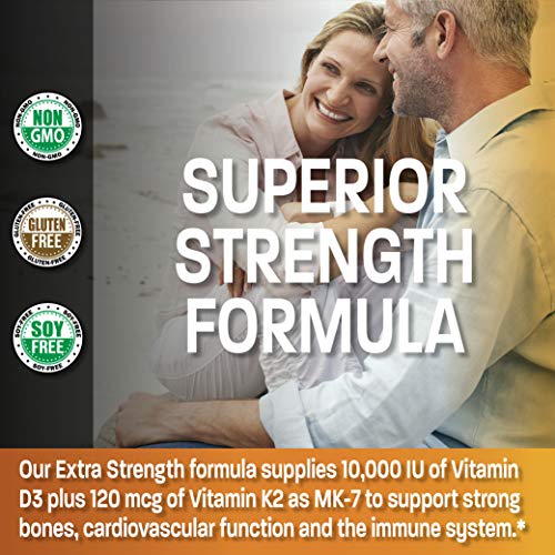 Bronson Vitamin K2 (MK7) with D3 Extra Strength Supplement Bone Health Non-GMO Formula 10,000 IU & 120 mcg MK-7 Easy to Swallow D K, 60 Capsules