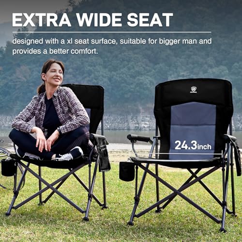 EVER ADVANCED Oversized Folding Camping Chair for Adults, Heavy Duty Lawn Chair with Side Pockets, Portable Collapsible Quad Chair for Outside, Support Up to 500lbs, Black