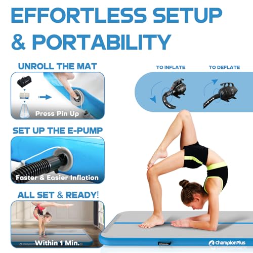 CHAMPIONPLUS 10ft 13ft 16ft 20ft Tumble Track Tumbling Mat Inflatable Gymnastics Air Mat 4/8 inches Thickness for Home Training Cheerleading Yoga with Electric Air Pump Blue