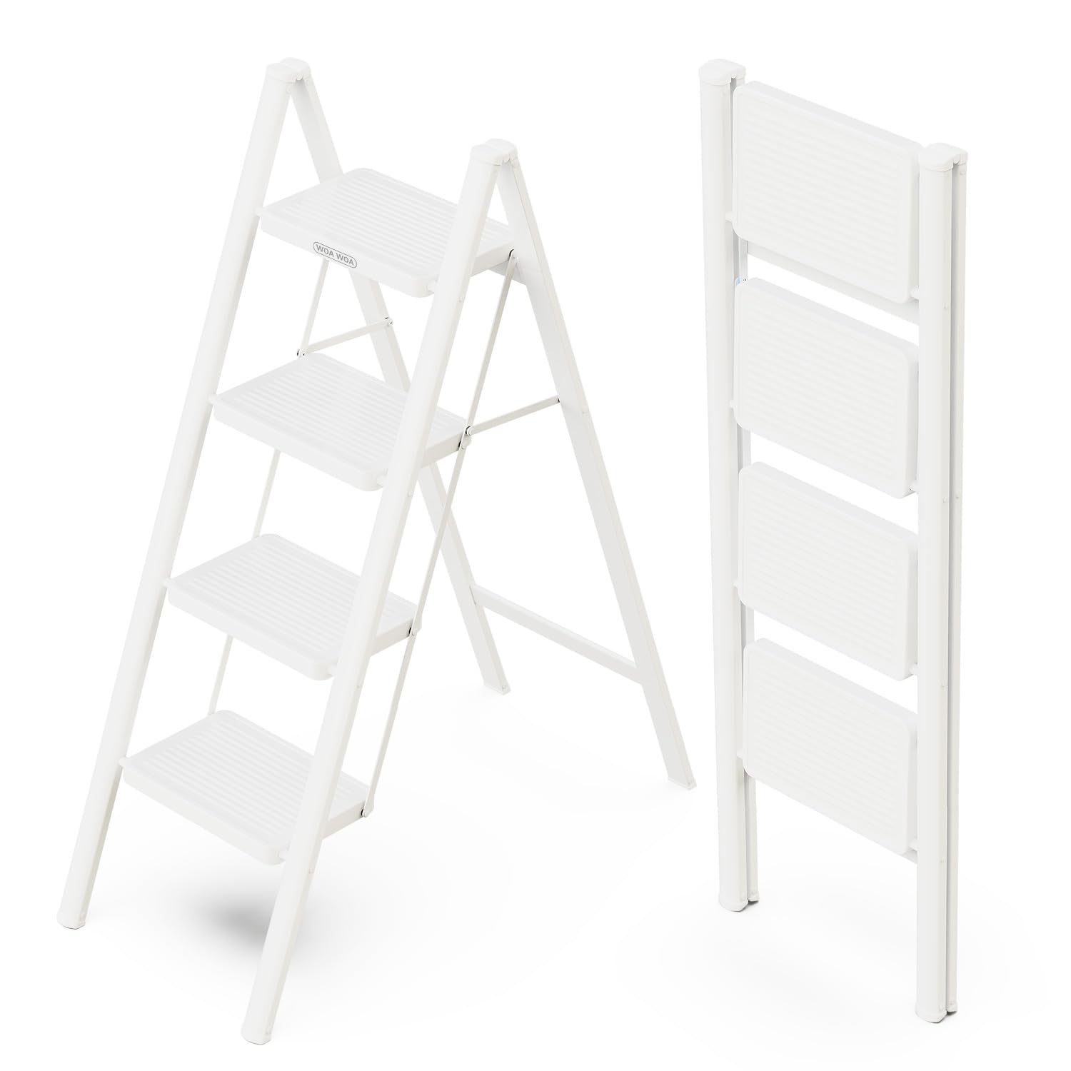 WOA WOA 4 Step Ladder, Folding Step Stool with Wide Pedals, Sturdy Steel Ladders with Anti-Slip Feet, Compact Kitchen Stepping Stool, Supports up to 330 lbs - White