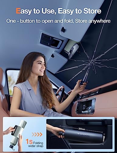 TORRAS Car Windshield Sun Shade Umbrella [Easy to Use] Sun Visor Shield for Front Windshield with Retractable Handle, Block UV Rays Heat, Protect Car Interior, Fits Car SUV