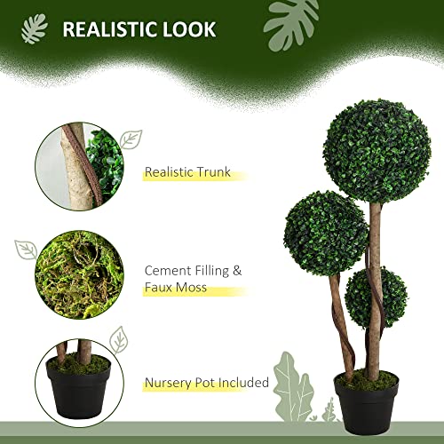 HOMCOM Artificial Plant for Home Decor Indoor & Outdoor Fake Plants Artificial Tree in Pot, 3 Ball Boxwood Topiary Tree for Home Office, Living Room Decor, Dark Green