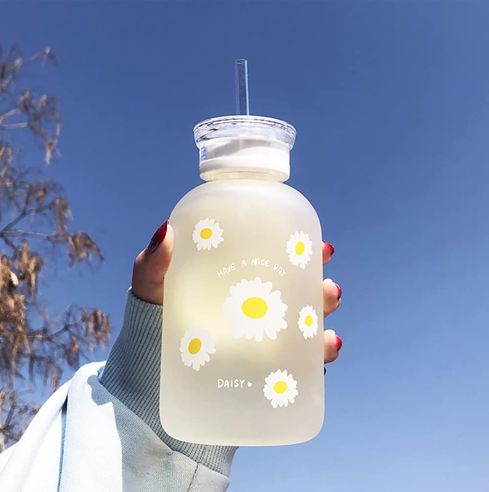 JZSMY 480ml Milk Juice Cute Water Bottle with Scale 2 Lids Little daisy Matte Portable Transparent Water Cup Glass Bottles Creative Handy Cup (1Pcs Six Flowers)