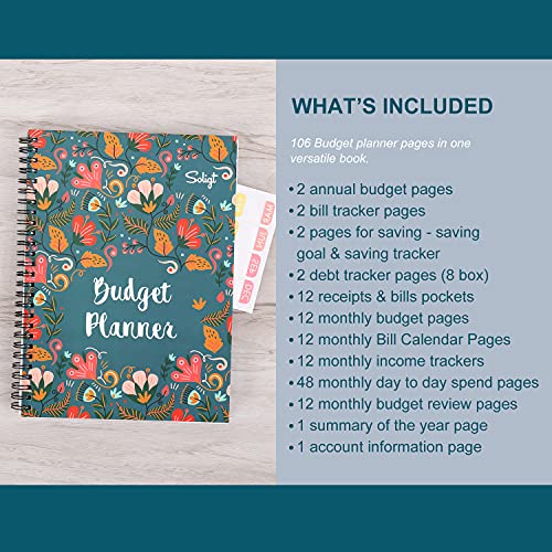 Soligt Budget Planner 2024, Monthly Budget Book Bill Organizer with 12 Pockets, Undated Home Finance Money Expense Saving Debt Tracker Notebook, 1 Year, Blue Floral, Spiral Design