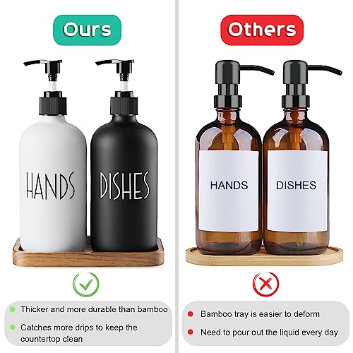 ALELION Glass Dish Soap Dispenser for Kitchen - 16 OZ Hand Soap Dispenser Set with Pump and Acacia Wood Tray - Black White Modern Farmhouse Kitchen Bathroom Decor and Accessories