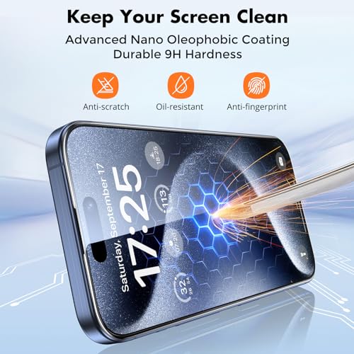 UNBREAKcable 3-Pack Screen Protector for iPhone 15 Pro, Double Shatterproof Tempered Glass [Easy Installation Frame] [HD Clear] [9H Hardness] [Full Coverage] for iPhone 6.1 inch