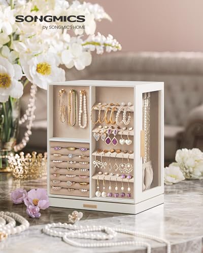 SONGMICS Jewelry Box 360° Rotating, Jewelry Storage Case with 5 Drawers, Jewelry Organizer, Glass Window, Spacious, Vertical Jewelry Storage, Open Design, Great Gift, Cloud White UJBC170W01