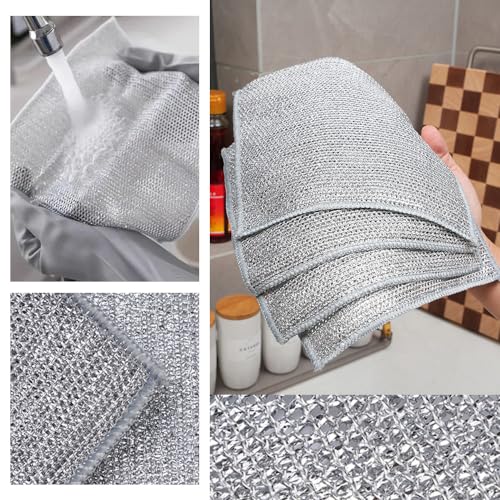 Multipurpose Wire Dishwashing Rags for Wet and Dry, 2023 New Multifunctional Non Scratch Metal Wire Dishcloth, Reusable Premium Metal Scrubbing Pads Sponge Clean for Home Kitchen Cooktop (5PCS)