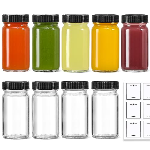 9 Pack, 2 oz Glass Shot Bottles w/ Black Lids & 9 Labels - Small Clear Jar for Ginger, Wellness Shot, Juice, Sample, Whiskey - Travel Essentials Mini Bottles - Wide Mouth, Leakproof, Dishwasher Safe