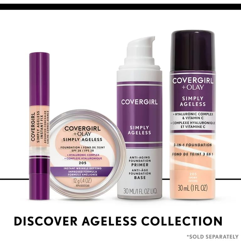 CoverGirl & Olay Simply Ageless 3-in-1 Liquid Foundation, Matte Finish, Hyaluronic & Vitamin C Formula, Cruelty Free, Creamy Natural, 1 Count