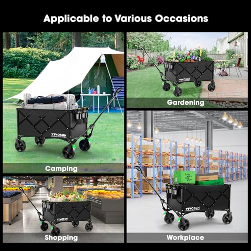 VIVOSUN Collapsible Folding Wagon, 300lb Load-Bearing Outdoor Utility Cart with Silent Universal Wheels, Cup Holders &Side Pockets, Adjustable Handle, for Camping, Garden, Sports, Picnic, Shopping