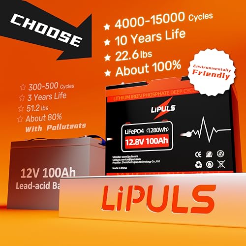 LIPULS 12V100Ah MINI LiFePO4 Lithium Battery, Super Light&Mini, Max.1280Wh, 100A BMS Deep Cycle Li Battery, 15000 Cycles Lithium Ion Battery, Perfect for Trolling Motor, RV, Van, Camping, Solar Panel.