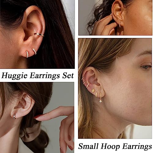 6 Pairs Gold Huggie Hoop Earrings Sterling Silver Hypoallergenic 8/10/12mm Hoop Earrings Set for Women/Men