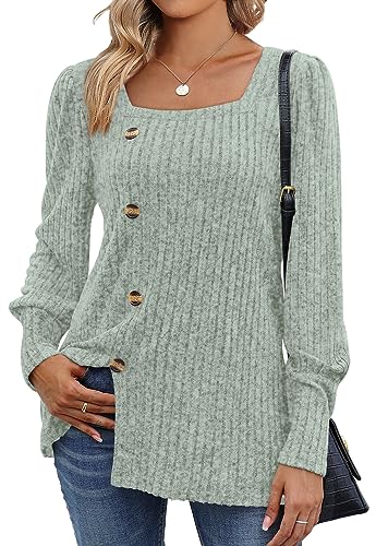 WIHOLL Black Sweaters for Women Fitted Square Neck Soft Button Pullover Tunic Tops S