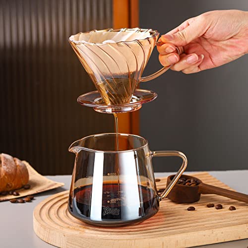 Bincoo Glass Coffee Server Set 600ml- Glass Pour Over Coffee Maker Set with Dripper, V60 Coffee Pot with 50 Count Paper Filter for Home and Office (Champagne)