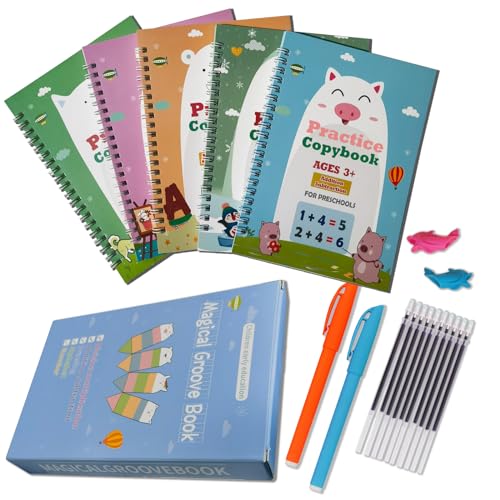 Magic Practice Copybook for Kids, Handwriting Practice Workbook, Reusable Writing Practice Book for Preschool Kids Age 3-8, Calligraphy 7.9in×5.5in (5 Books with Pens)