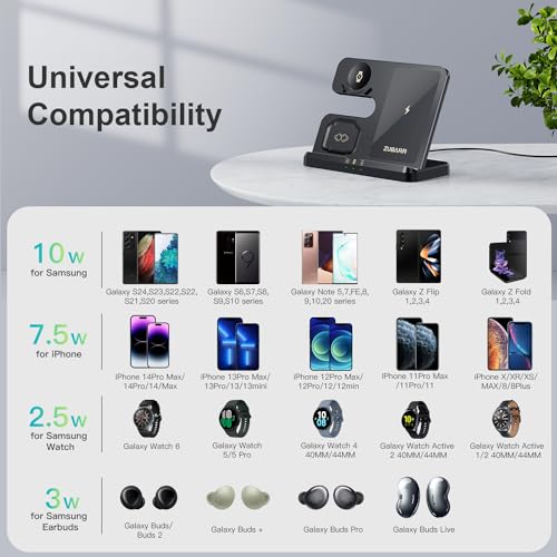 ZUBARR Wireless Charger for Samsung Charging Station & Android Multiple Devices 3 in 1 Fast Charger Stand for Phone Galaxy Z Flip 5/4/3 Z Fold S24 S23 Ultra S22 S21 S20, Galaxy Watch 6/5 Pro/4/3, Buds