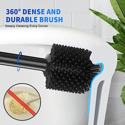 LOVLOY Toilet Plunger and Brush, Silicone Bowl Brush and Heavy Duty Toilet Plunger Set with Ventilated Holder, 2-in-1 Toilet Brush and Plunger Combo for Bathroom Cleaning (Black, 1 Set)