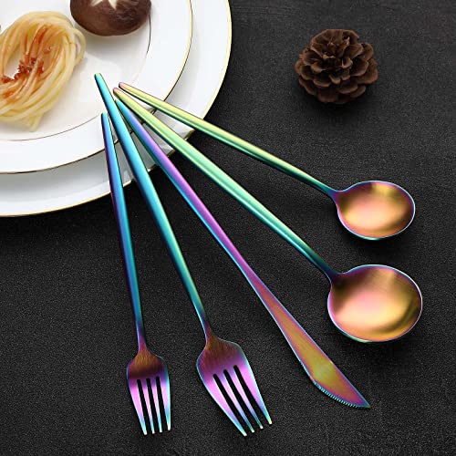 Rainbow Flatware Matte Silverware Set - 20 Piece 18/10 Colorful Stainless Steel Flatware Cutlery Utensils Tableware Set Service for 4, Include Knife/Fork/Spoon, Reusable, Dishwasher Safe