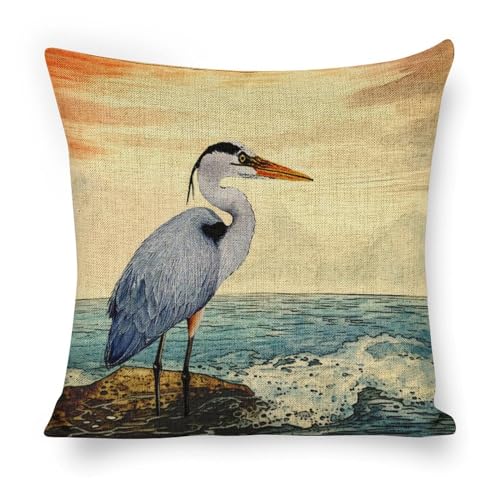 Elegdesg Throw Pillow Covers Square Cushion Covers 18x18 Decorative Pillow Case for Couch Bed Heron Beach Watercolor Decoration Pillowcase