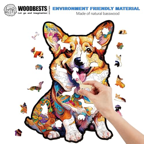 WOODBESTS 160 Piece Wooden Puzzle for Adults (M, 11.4"x8.3") Clever Corgi Puzzle Beautiful Wooden Box, Wooden Jigsaw Puzzles Unique Shape, Birthday Gifts for Adults and Kids Family Game