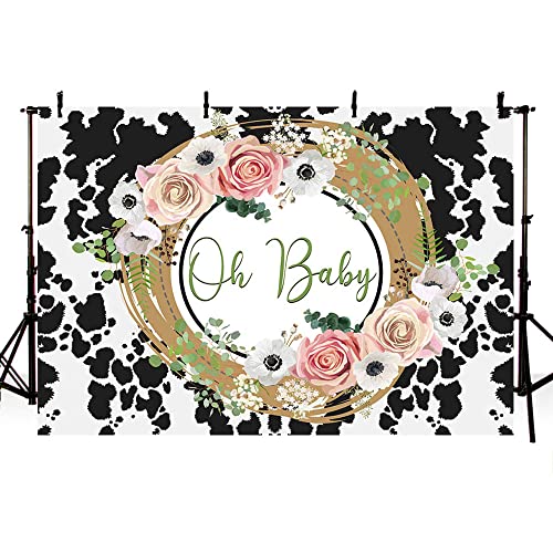 ABLIN 7x5ft Oh Baby Backdrop Black and White Cow Print Photography Background Pink Floral Holy Cow Baby Shower Banner Farm Cow Theme Baby Shower Decorations Photo Shoot Props, CQ327