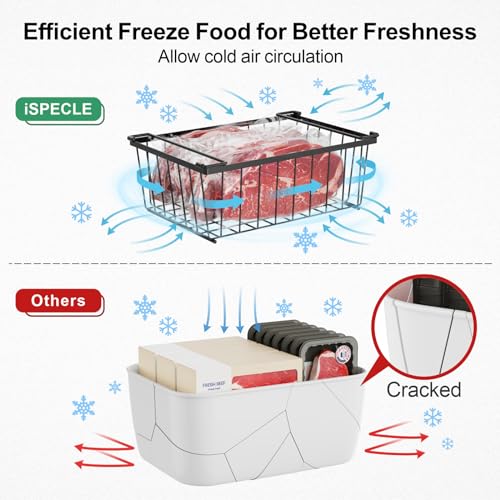 iSPECLE Freezer Organizer Bins - 4 Pack Stackable Chest Freezer Organizer for 5 Cu.FT Deep Freezer Sort Frozen Food, Deep Freezer Organizer Bins Get Food Easily with Handle Add Storage Space, Black
