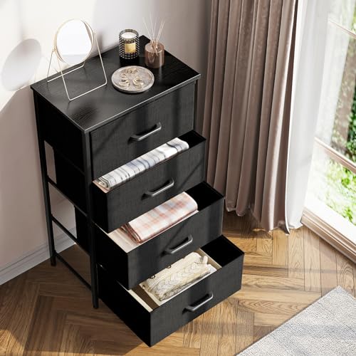 ODK Dresser for Bedroom with 4 Storage Drawers, Small Dresser Chest of Drawers Fabric Dresser with Sturdy Steel Frame, Dresser for Closet with Wood Top, Black