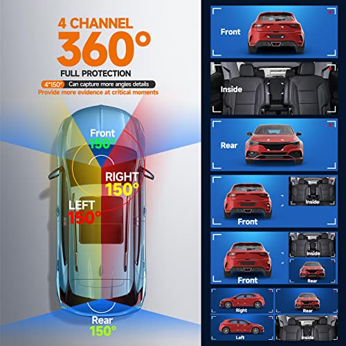 360 Dash Cam Front and Rear Inside, 4 Channel Dash Camera for Cars FHD 1080Px4, Built-in Wi-Fi, 3.16” IPS Screen, WDR Night Vision, Included 64GB Card, 24H Parking Mode