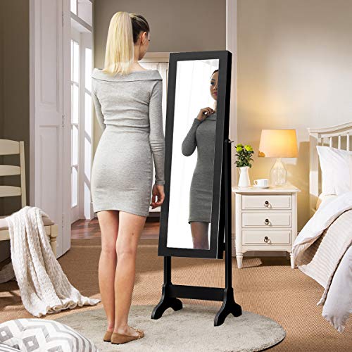 WATERJOY Jewelry Organizer with Full Body Standing Mirror Jewelry Holder Storage 4 Angle Adjustable Lockable Jewelry Cabinet Jewelry Armoire