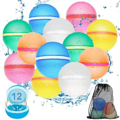 Reusable Water Balloons for Kids,12 PCS Magnetic Refillable Latex-Free Silicone Water Bomb with Mesh Bag, Summer Toys Beach Toys Swimming Pool Party Supplies Bath Toy Outdoor Summer Surprise for Kids