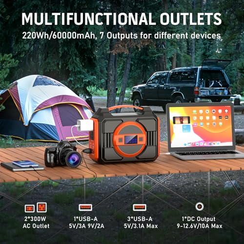 Portable Power Station Bank 300W Rated(600W Peak),220Wh Solar Powered Power Bank with 2 AC Outlet 110V Pure Sine Wave, 60000mAh Power Bank Lithium Battery Pack for Home Outdoor Camping Emergency