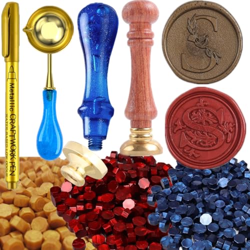 Letter R Wax Seal Stamp Kit, ONWINPOR 2PCS Eucalyptus Leaves Alphabet R Wax Sealing Stamp Set with 2Pcs Crystal Wooden Handle and 300Pcs Red Blue Gold Wax Sealing Beads, Wax Spoon and Candles (R)