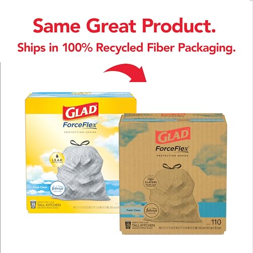 Glad Trash Bags, ForceFlex Tall Kitchen Drawstring Garbage Bags, 13 Gal, Fresh Clean Scent with Febreze, 110 Ct