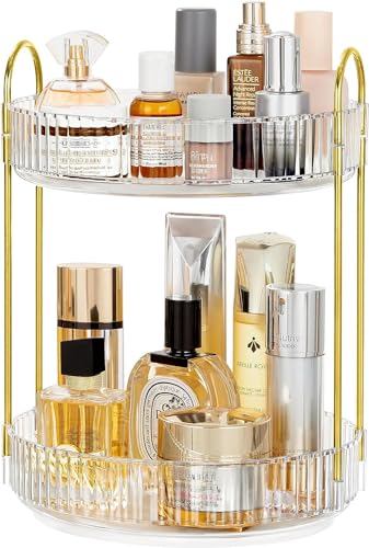 Vorey 360 Rotating Makeup Organizer Countertop Clear 2 Tier Bathroom Organizer Spinning Perfume Organizers, Skincare Organizers Makeup Carousel Cosmetic Brush Storage for Vanity, Countertop