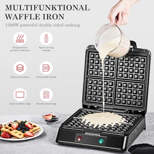 Waffle Maker, Roter Mond Belgian Waffle Maker, 4 Slice Square Stainless Steel Waffle Maker, Non-Stick Surface for Easy Cleaning for Family Use Breakfast, Save Space for Storage,1300W, Black