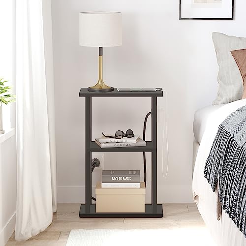 TUTOTAK Small Narrow Side Table with Charging Station, Skinny End Table for Small Spaces, Slim Nightstand with USB Ports and Outlet, Sofa Beside Table with Wheels, Black TB01BK046