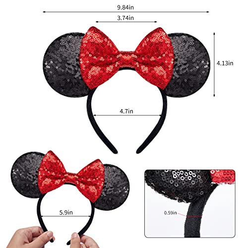 YUNISS 2 PCS Mouse Ears, Shiny Red Sequin Bow Mouse Ears Headbands for Adult Women Girls Christmas Birthday Party (Red)