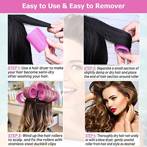 Jumbo 24Pcs Self-Grip Hair Roller Set - 12 Heatless Rollers & 12 Duckbill Clips for Long, Medium Hair Bangs Volume