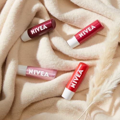 NIVEA Lip Care, Fruity Tinted Lip Balm Variety Pack, Galentine's Day Gifts for Her, With Cherry, Strawberry, Blackberry and Watermelon Flavors, 0.17 Oz Stick, Pack of 4