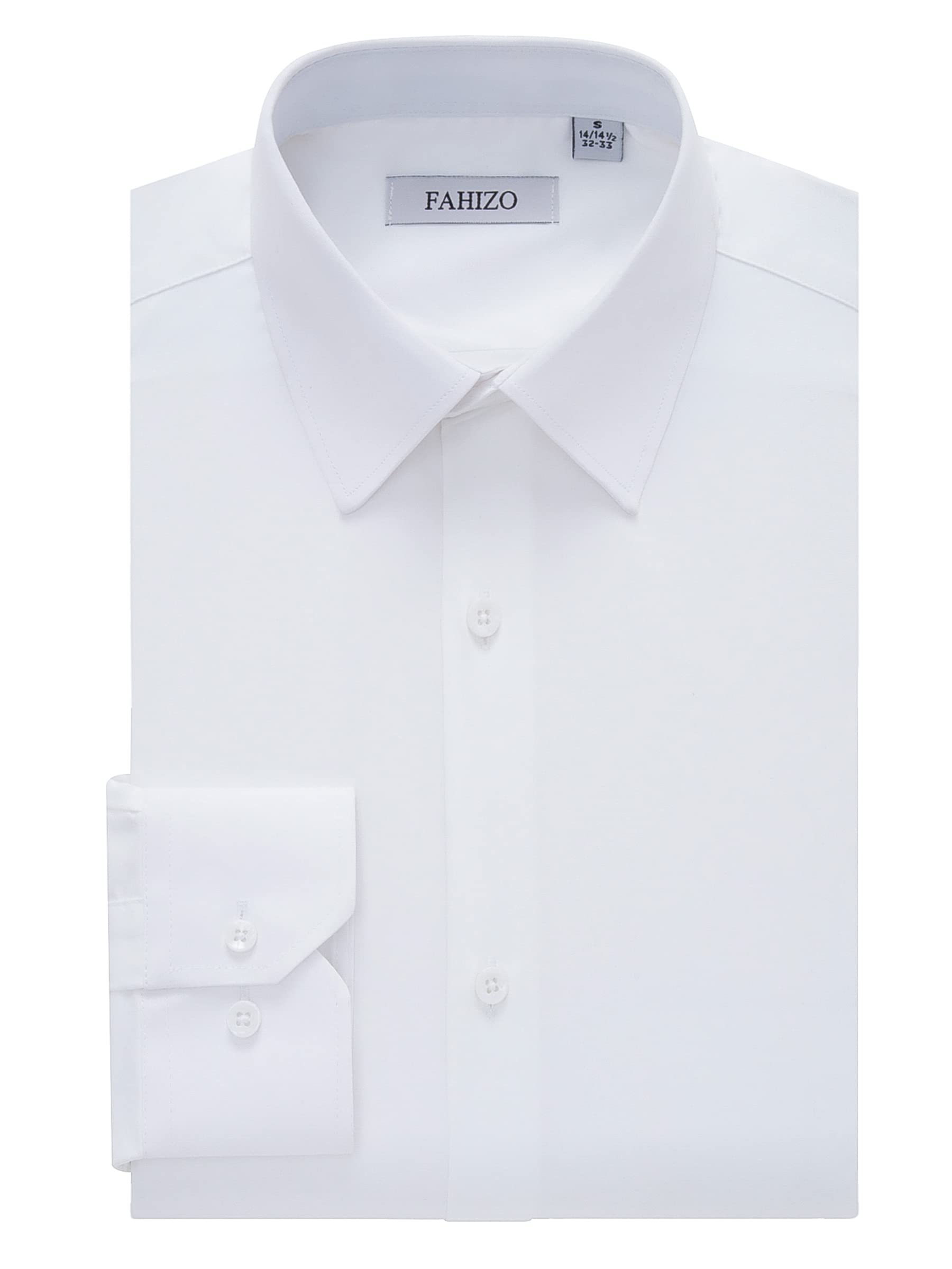 FAHIZO Men's Dress Shirt Regular Fit Soild Business Formal Long Sleeve Button Up Stretch Shirts, White, 17.5 Neck 34"-35" Sleeve(XL)