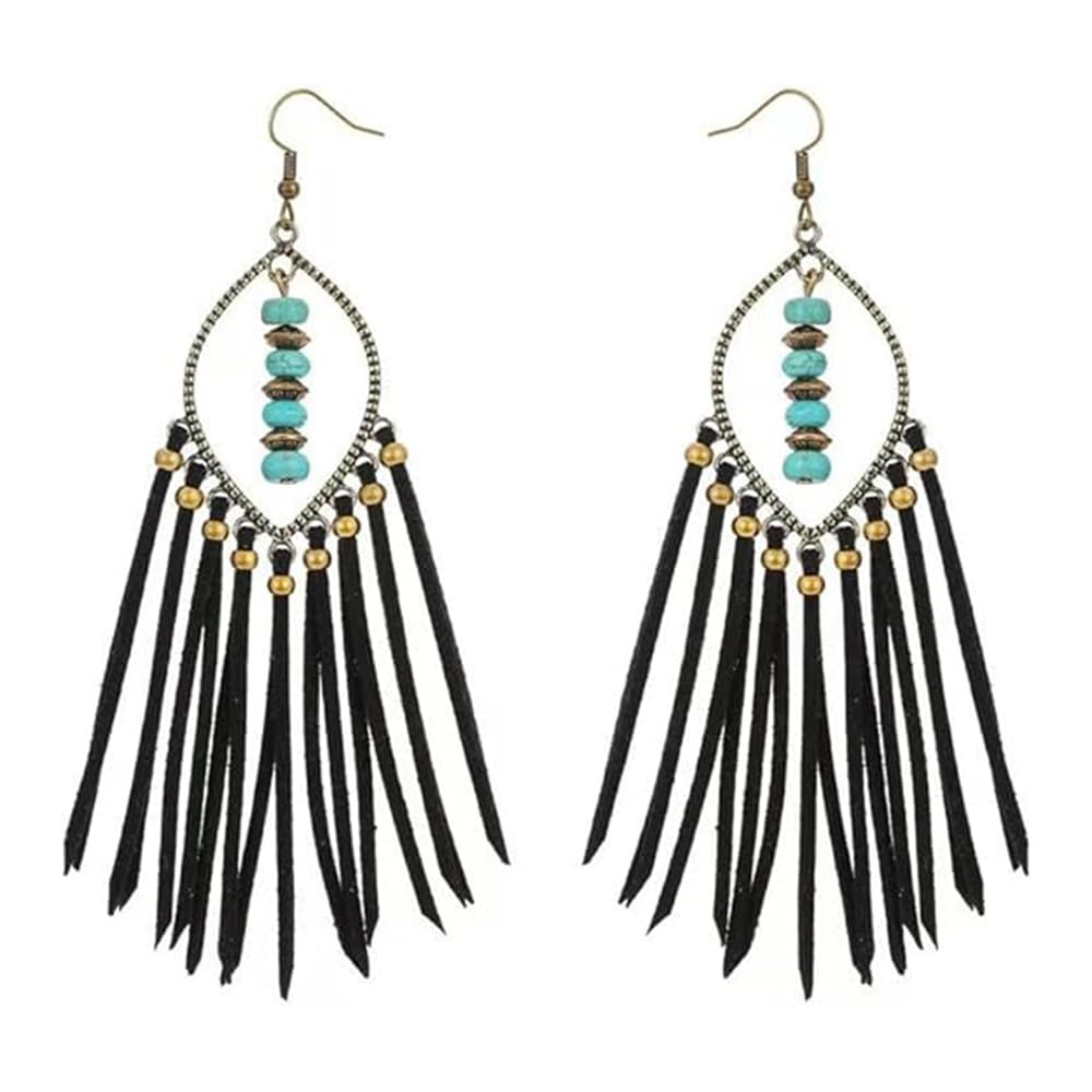 WZJLY 1 Pair of Zinc Alloy Turquoise Copper Beads Bohemian Pure Handmade Tassel Earrings (Black)