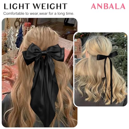 ANBALA Big Hair Bows for Women, 6 PCS Satin Ribbon Hair Bows Set, Tassel Bowknot Hair Clips with Long Tail, Cute Hair Barrettes Bowknot Tassel Claw Hair Clips for Girls (Black)