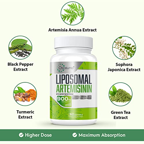 Osasuna 900 mg Liposomal Artemisinin for Maximum Absorption, Sweet Wormwood Extract(Artemisia Annua) with Quercetin Phytosome 200 mg, 60 Softgels - 2 Months Supply